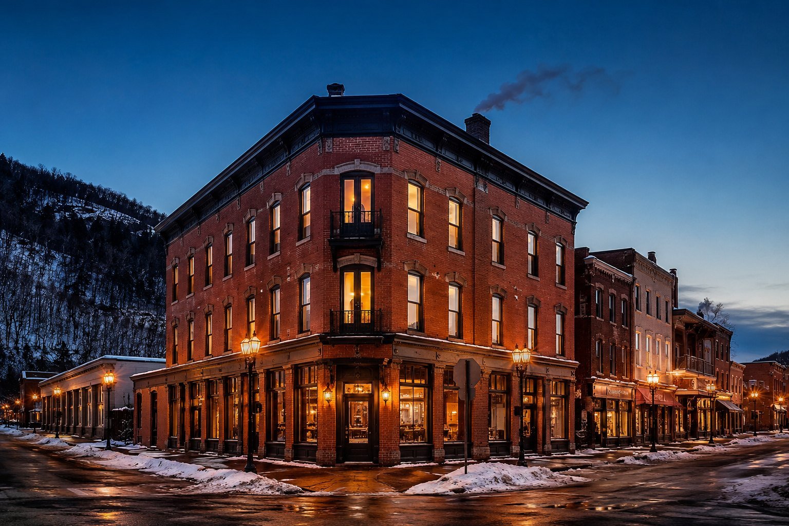 The historic 1888 brick facade of Hotel Rumford glowing at dusk in downtown Rumford, Maine