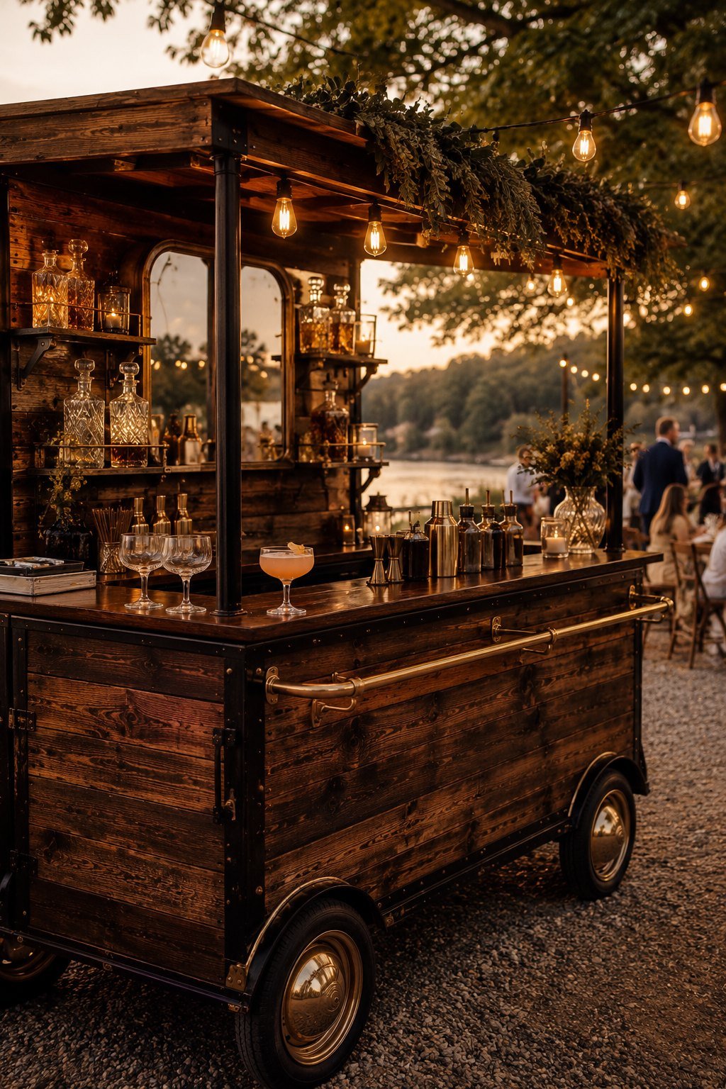 A mobile bar cart set up at an elegant outdoor Maine celebration